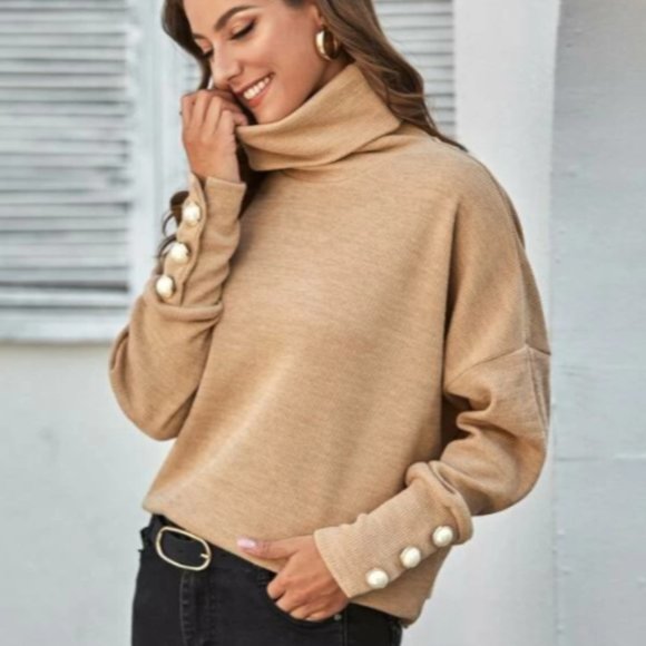 Turtleneck Buttoned Sleeves Sweater - Picture 6 of 6